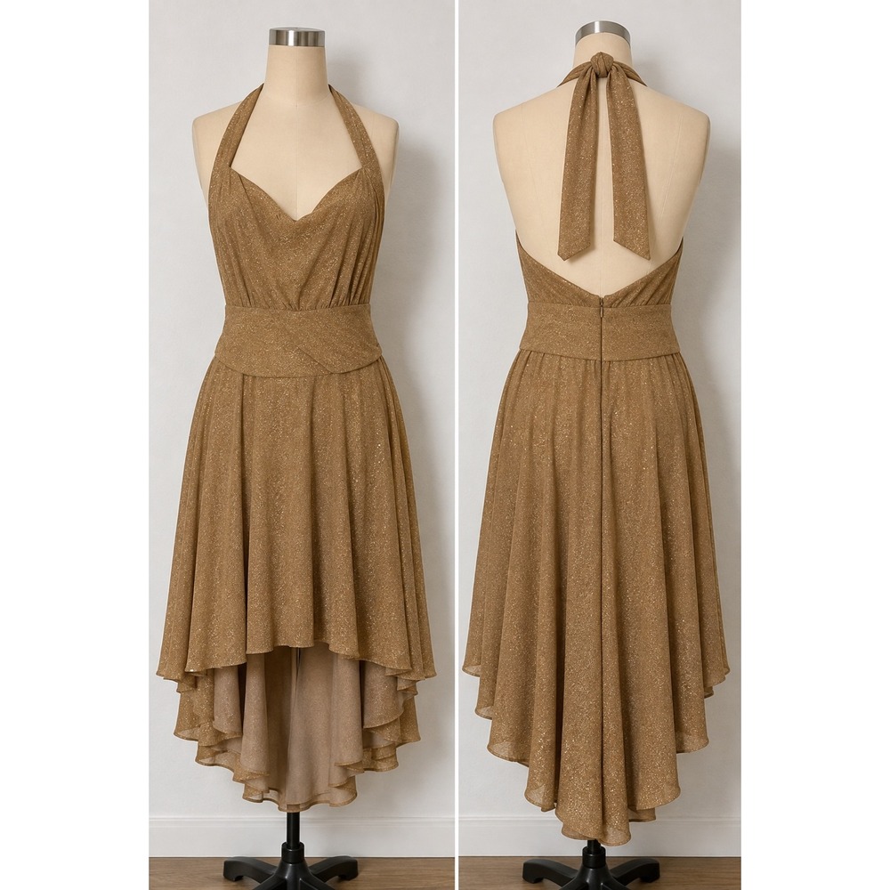 Homrain Gold Glitter Halter High Low Cocktail Dress Open Back Large NWT